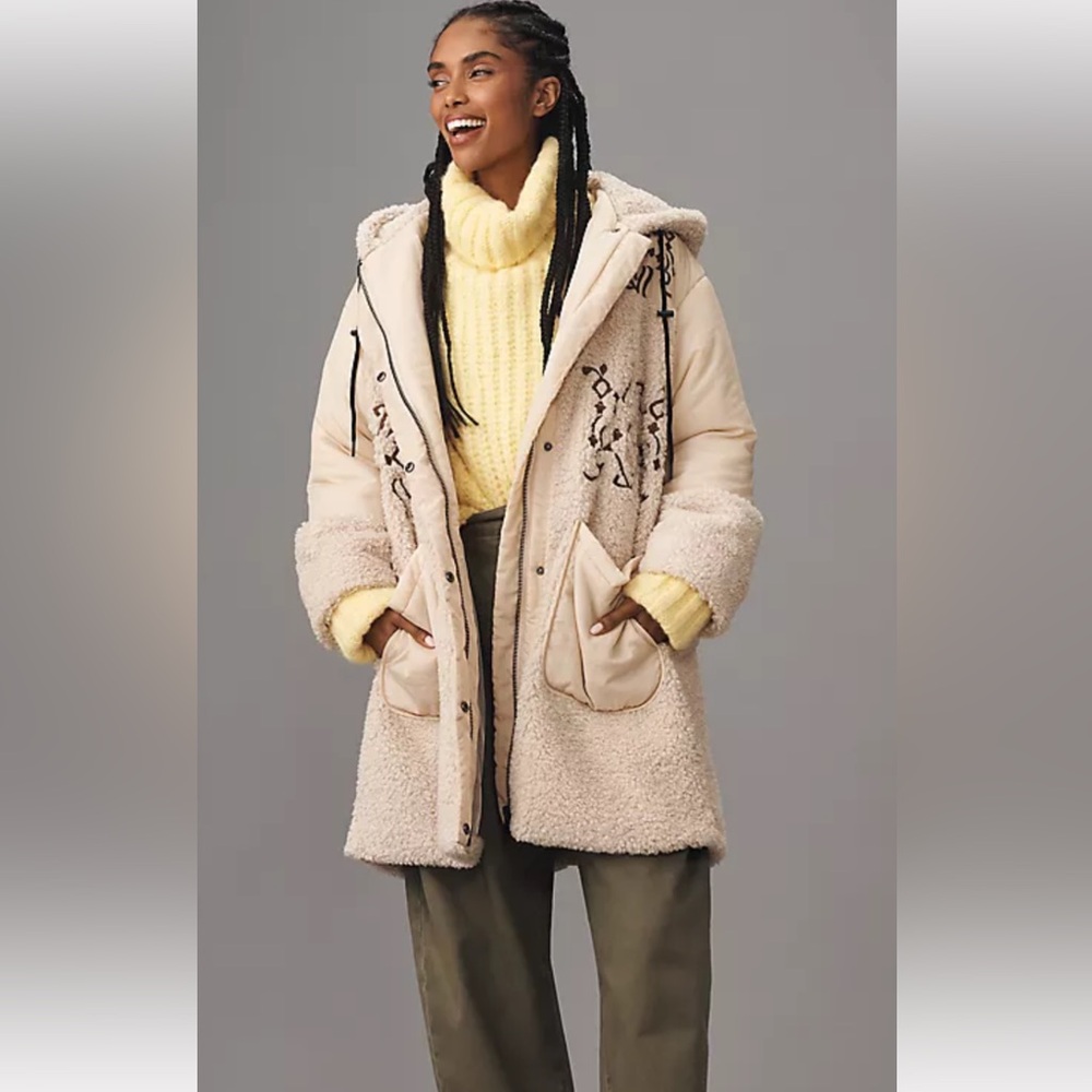 Anthropologie Pilcro Embroidered Hooded Sherpa Coat Faux Fur Pockets Zip Ivory